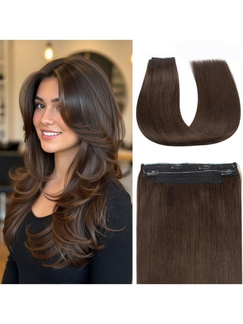 12" Dark Brown Halo Hair Extensions - Real Human Hair, Seamless & Invisible Wire